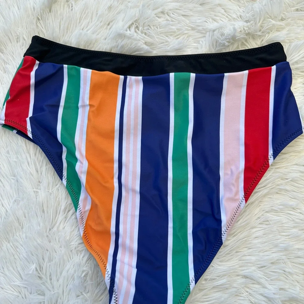 Live Life On The Beach Bottom High Waist Striped Swimsuit Beach Retro Large‎ NWT